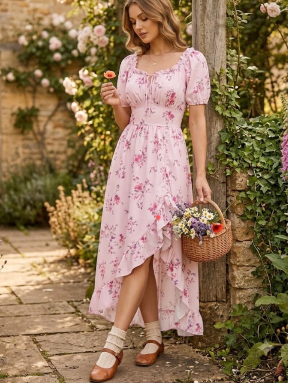Scarlet Darkness | Victorian Fairy Dress Drawstring & Pockets Pink Floral Small